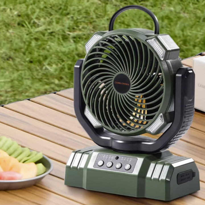 Portable Camping Fan with LED Light – Rechargeable Battery Operated Desk & Hanging Fan for Outdoor & Indoor Use